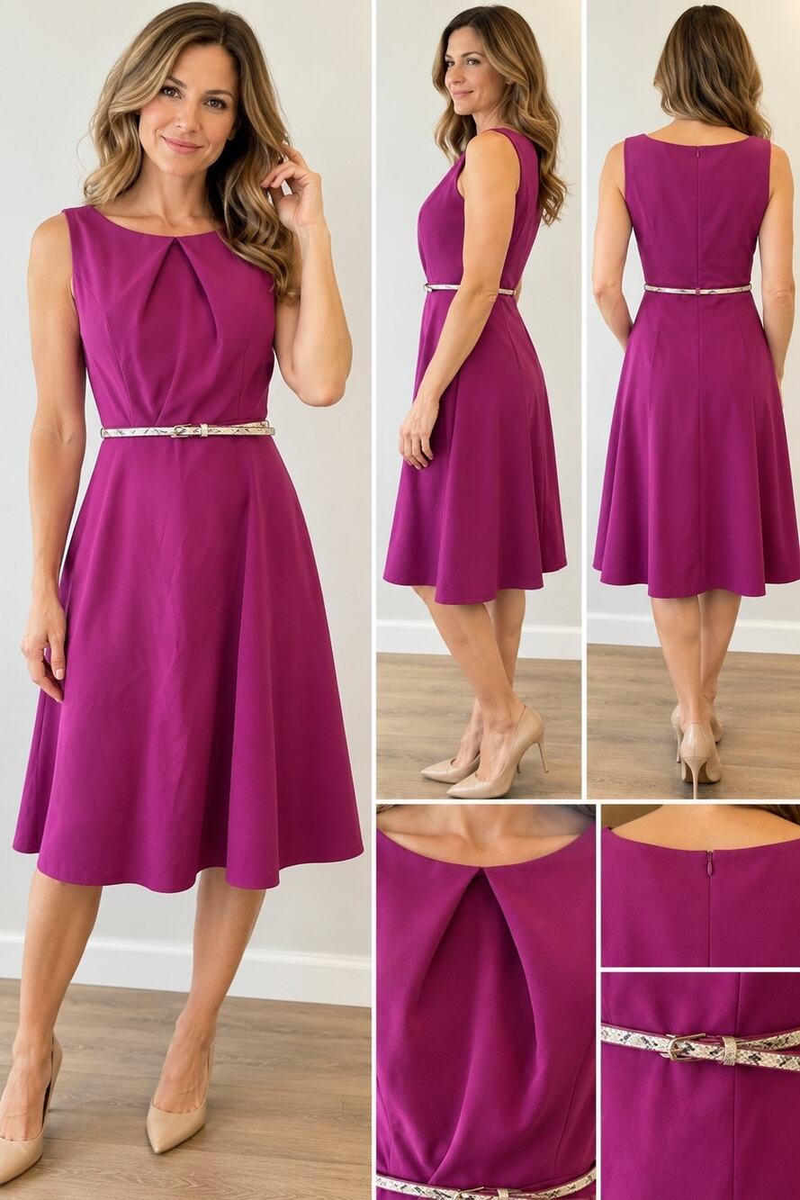 Dressbarn Workwear Midi Dress with Snake Print Belt Sleeveless Size 8 Purple